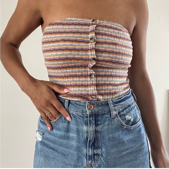American Eagle Striped Multicolor Stretchy Button Front Tube Top Size S 90s Y2k - Picture 2 of 5